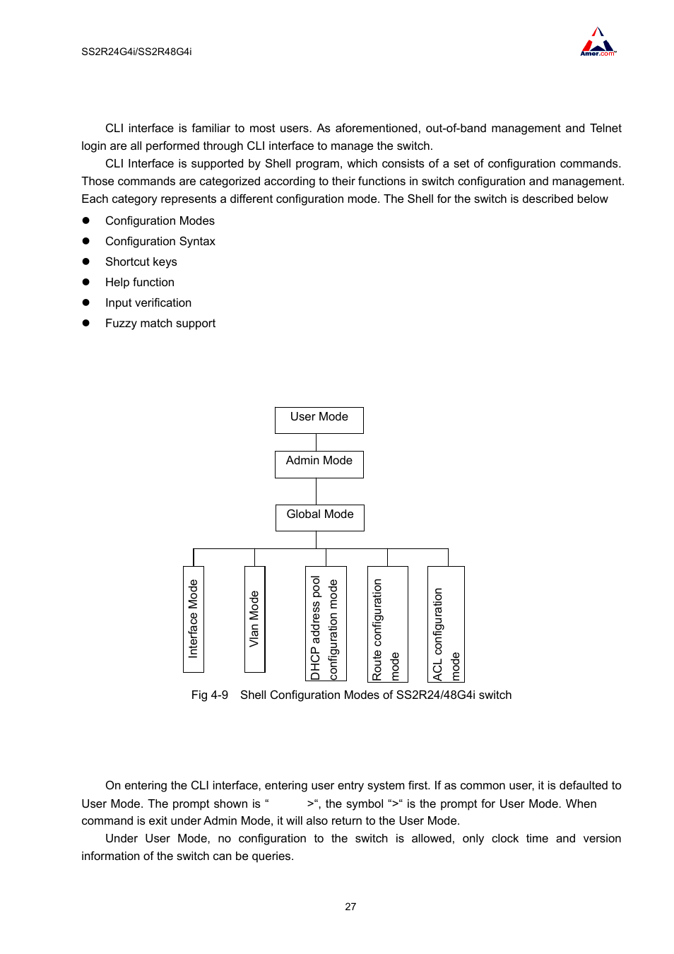 1 cli interface, 1 configuration modes, 1 user mode | Amer Networks SS2R48G4i V2 User Manual | Page 38 / 198