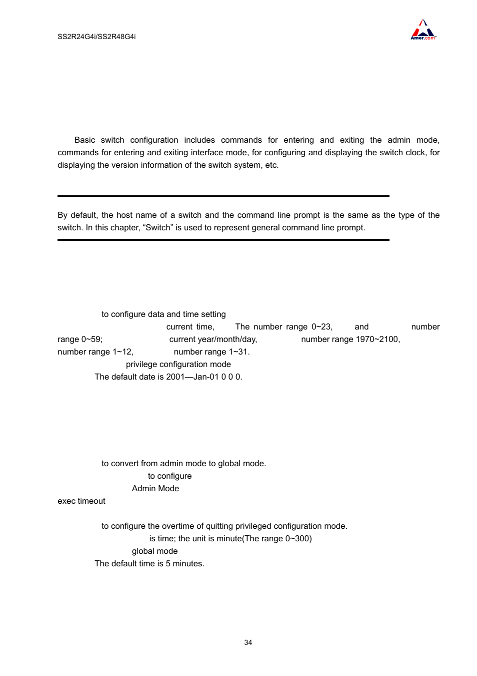 Chapter 5 basic switch configuration, 1 basic switch configuration commands, 1 clock set | 2 config, 3 exit | Amer Networks SS2R48G4i V2 User Manual | Page 45 / 198