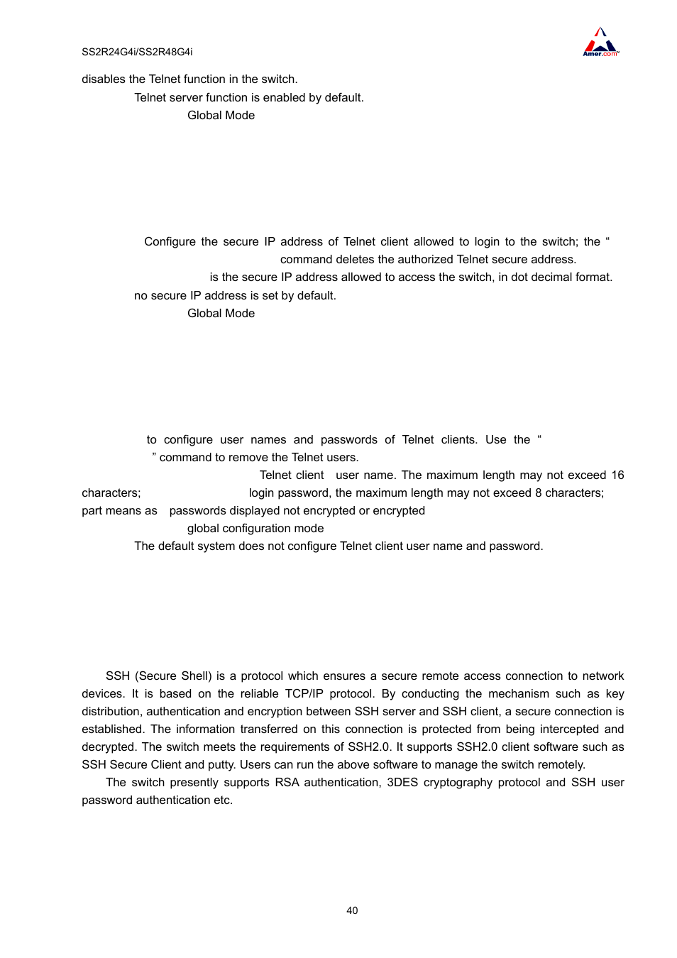 5 telnet-server securityip, 6 telnet-user, 3 ssh | 1 introduction to ssh, 2 ssh server configuration task list | Amer Networks SS2R48G4i V2 User Manual | Page 51 / 198