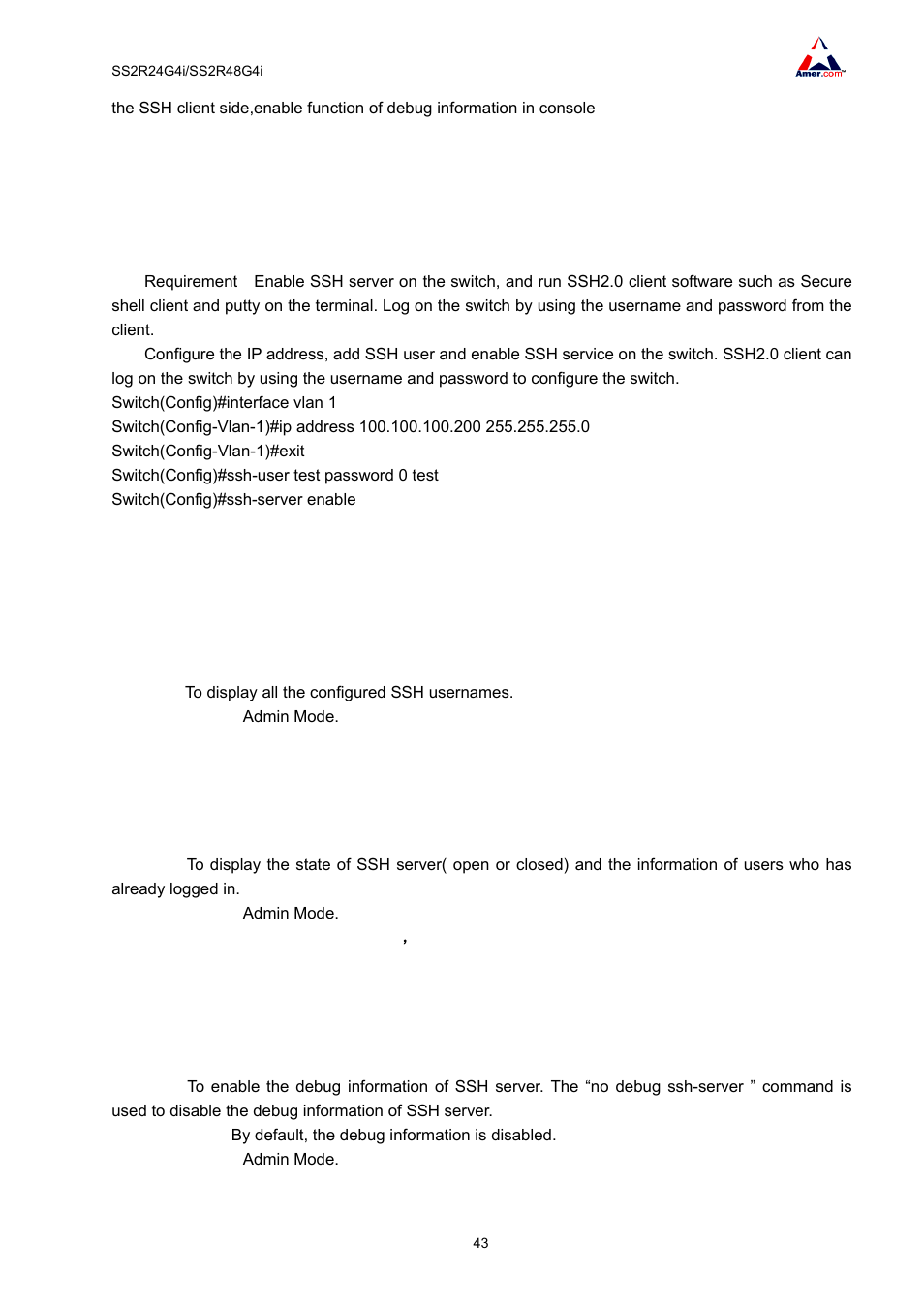 4 ssh server configure example, 5 ssh monitor and debug command, 1 show ssh-user | 2 show ssh-server, 3 debug ssh-server | Amer Networks SS2R48G4i V2 User Manual | Page 54 / 198