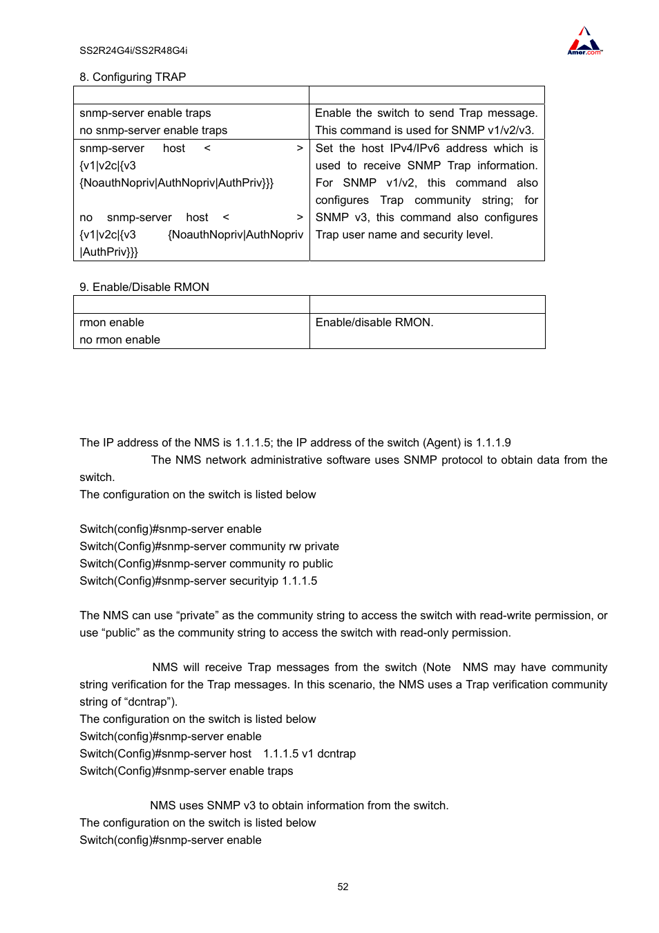 5 typical snmp configuration examples | Amer Networks SS2R48G4i V2 User Manual | Page 63 / 198
