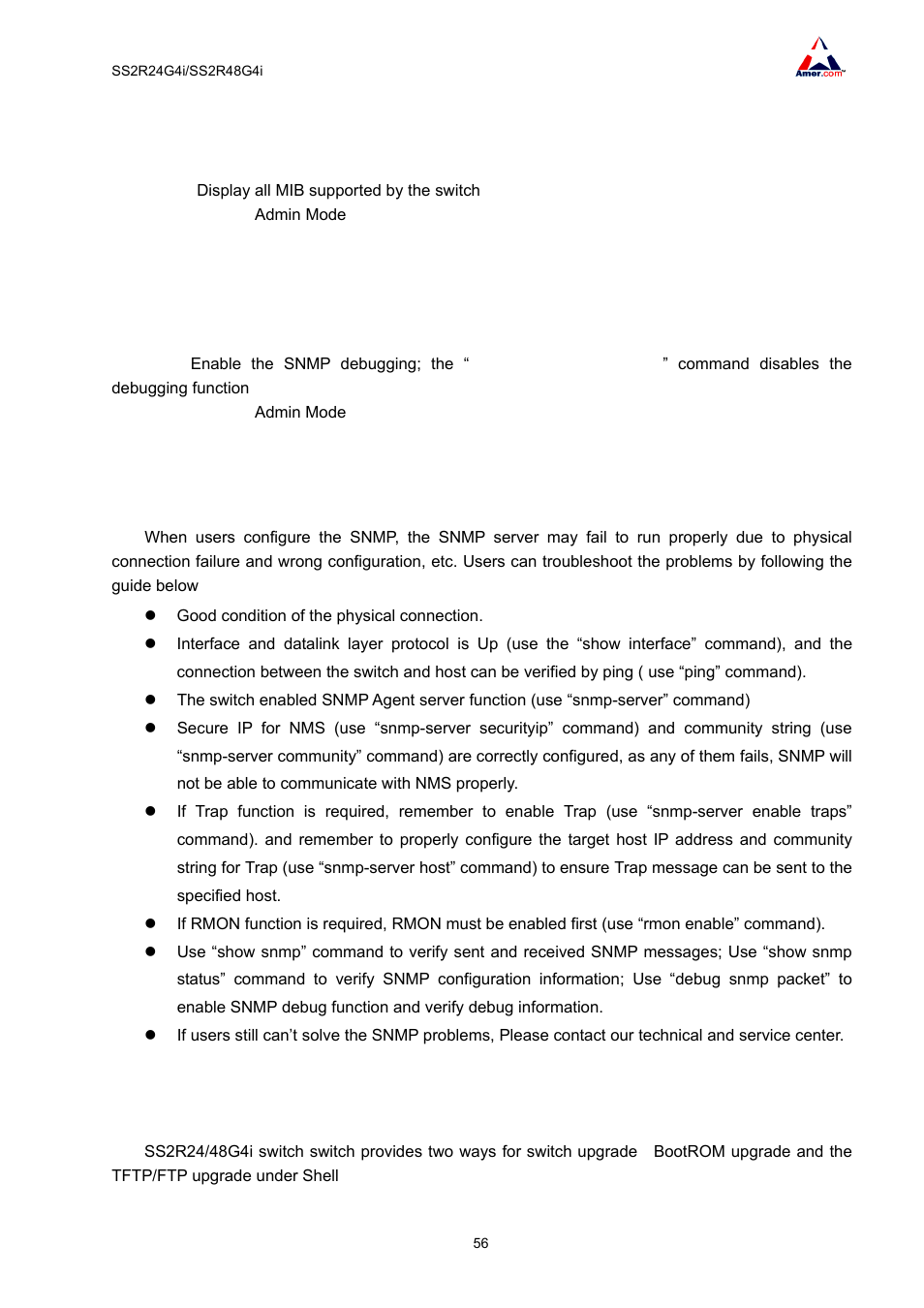 7 show snmp mib, 8 debug snmp packet, 2 snmp troubleshooting | 5 switch upgrade | Amer Networks SS2R48G4i V2 User Manual | Page 67 / 198