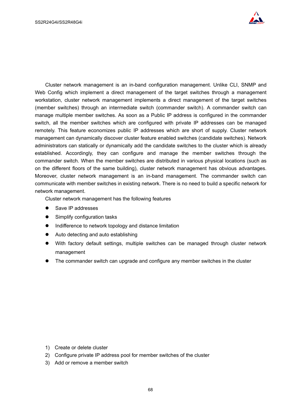 Chapter 6 cluster configuration, 1 introduction to cluster network management, 2 cluster network management configuration | Amer Networks SS2R48G4i V2 User Manual | Page 79 / 198