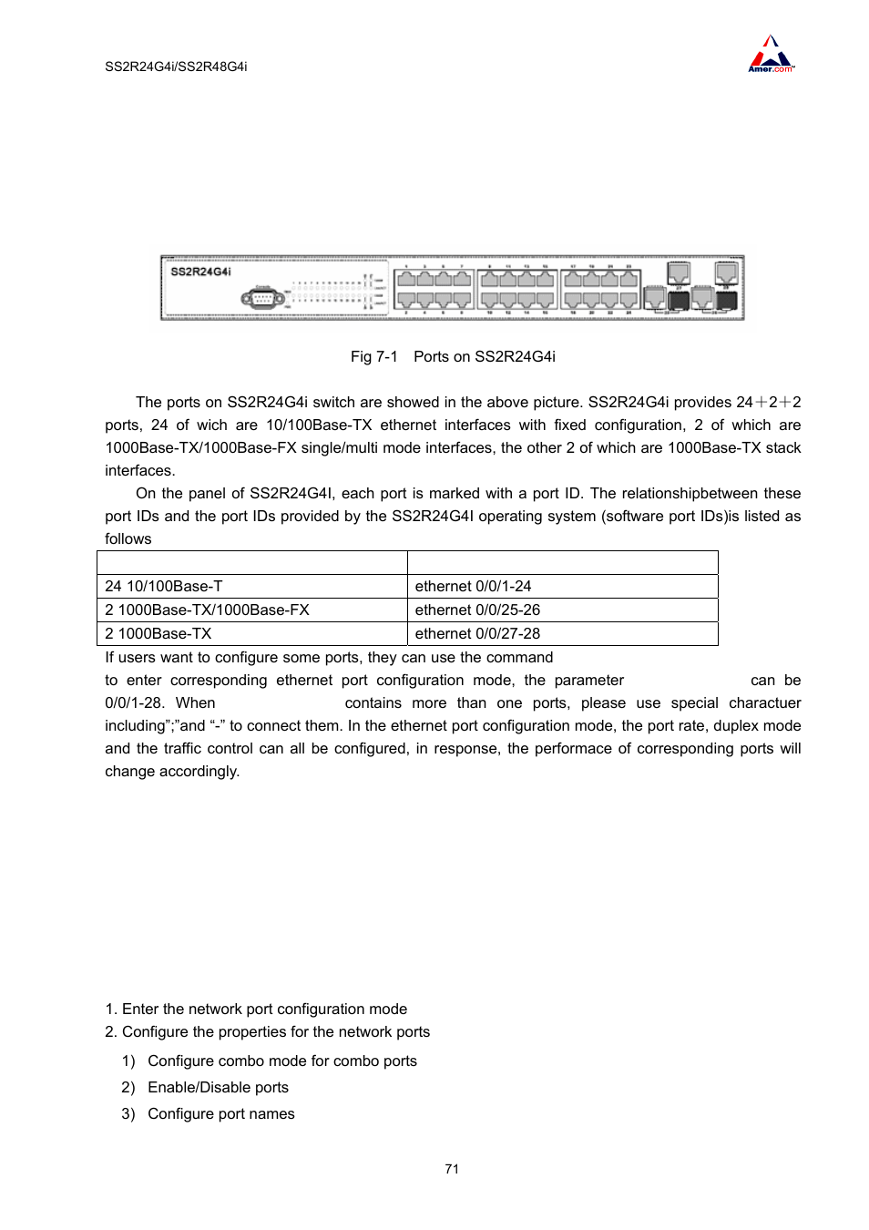 Chapter 7 port configuration, 1 port introduction, 2 port configuration | 1 port configuration, 1 port configuration task list, 2 port configuration 7.2.1 port configuration | Amer Networks SS2R48G4i V2 User Manual | Page 82 / 198