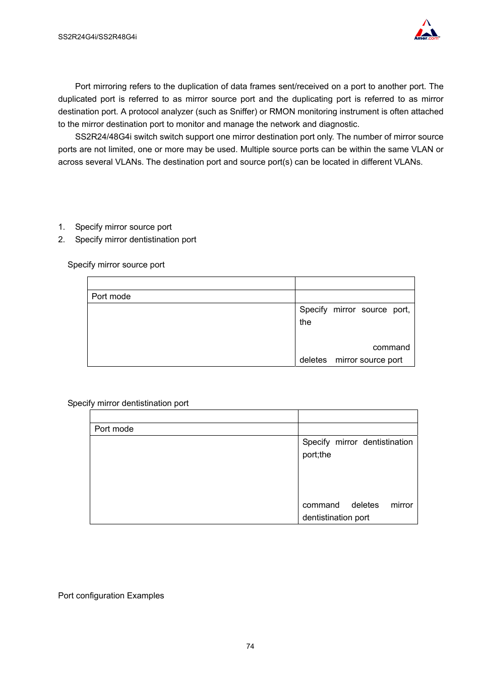 1 introduction to port mirroring, 2 port mirroring configuration task list, 3 mirror port examples | Amer Networks SS2R48G4i V2 User Manual | Page 85 / 198