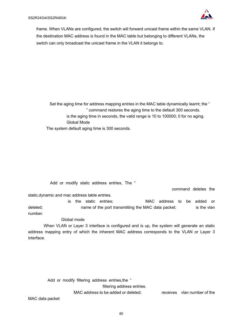 2 commands for mac address table configuration, 1 mac-address-table aging-time, 2 mac-address-table | 3 mac-address-table blackhole | Amer Networks SS2R48G4i V2 User Manual | Page 91 / 198