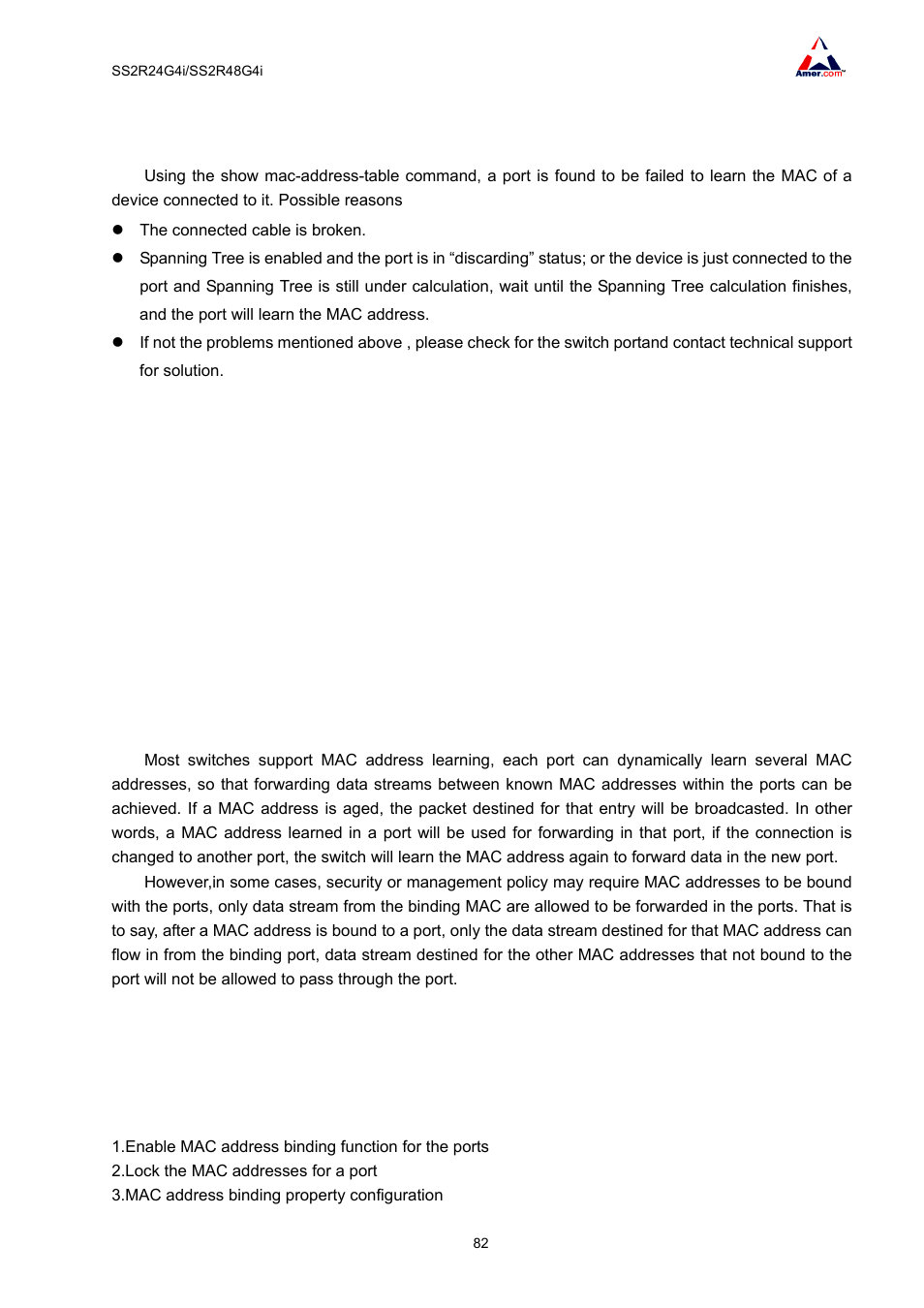 2 troubleshooting, 5 mac address function extension, 1 mac address binding | 1 introduction to mac address binding, 2 mac address binding configuration, 1 mac address binding configuration task list | Amer Networks SS2R48G4i V2 User Manual | Page 93 / 198