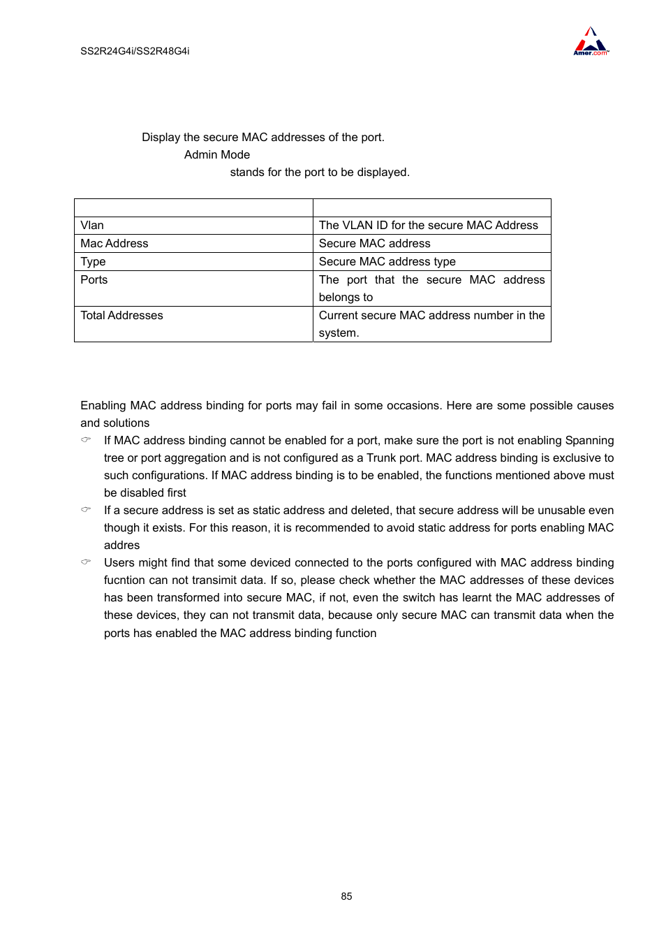 4 show port-security address, 5 binding mac address binding troubleshootin | Amer Networks SS2R48G4i V2 User Manual | Page 96 / 198