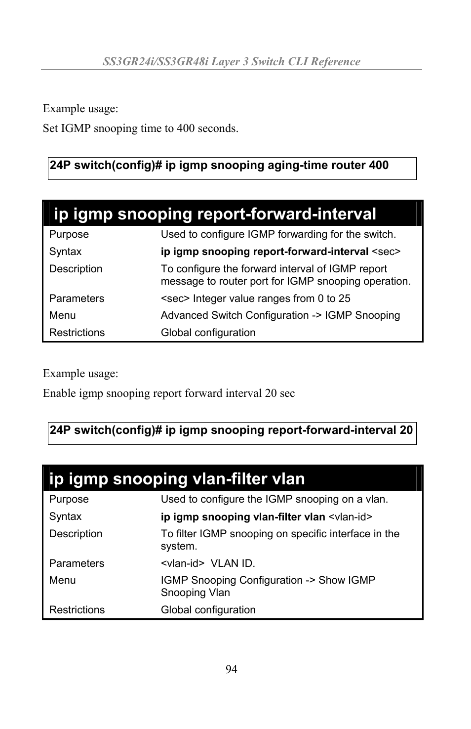 Ip igmp snooping report-forward-interval, Ip igmp snooping vlan-filter vlan | Amer Networks SS3GR24i User Manual | Page 100 / 154