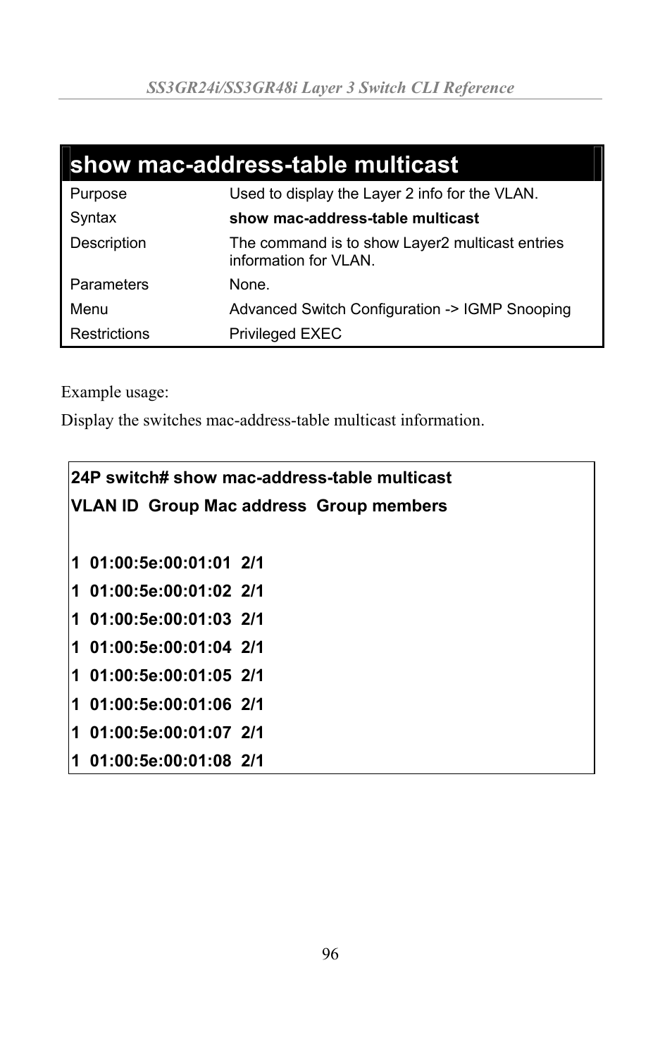 Show mac-address-table multicast | Amer Networks SS3GR24i User Manual | Page 102 / 154