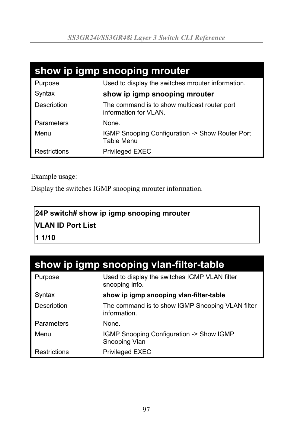 Show ip igmp snooping mrouter, Show ip igmp snooping vlan-filter-table | Amer Networks SS3GR24i User Manual | Page 103 / 154