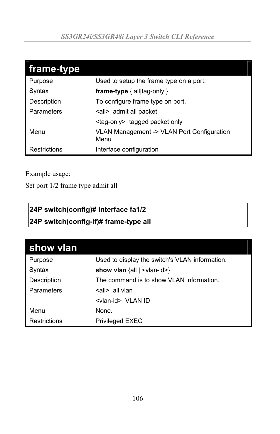 Frame-type, Show vlan | Amer Networks SS3GR24i User Manual | Page 112 / 154