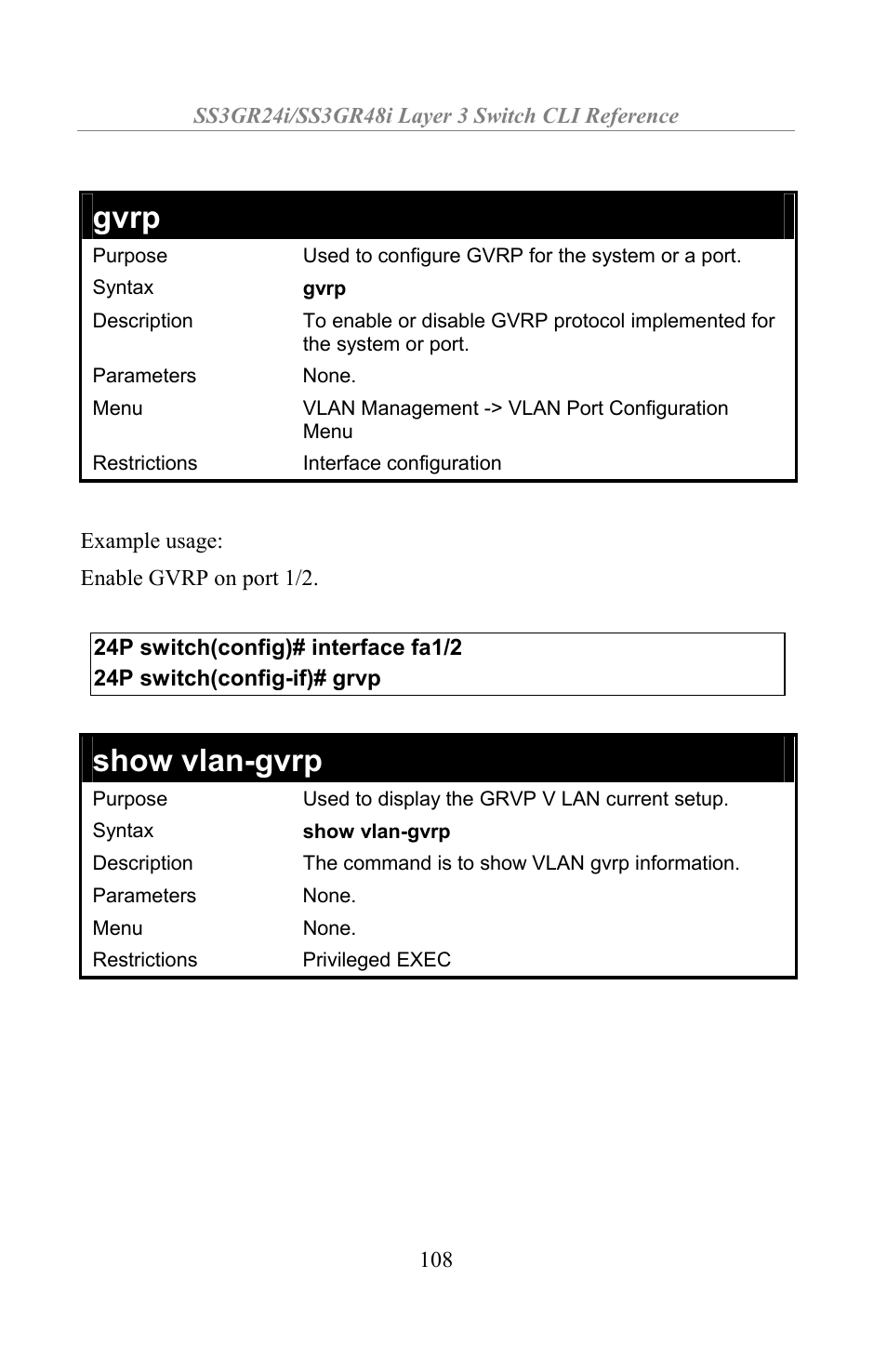Gvrp, Show vlan-gvrp | Amer Networks SS3GR24i User Manual | Page 114 / 154