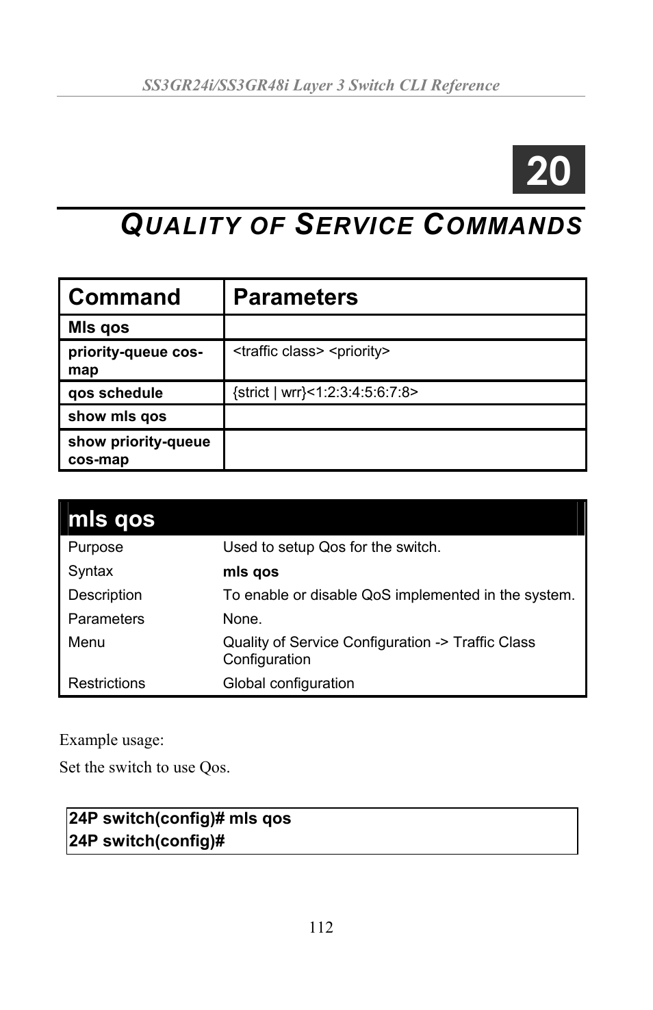 Quality of service commands, Uality of, Ervice | Ommands, Command parameters, Mls qos | Amer Networks SS3GR24i User Manual | Page 118 / 154