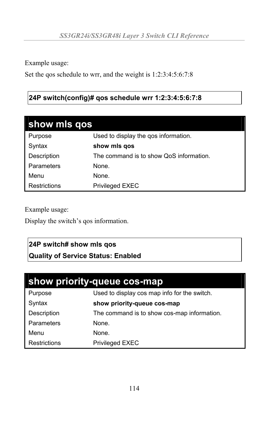 Show mls qos, Show priority-queue cos-map | Amer Networks SS3GR24i User Manual | Page 120 / 154
