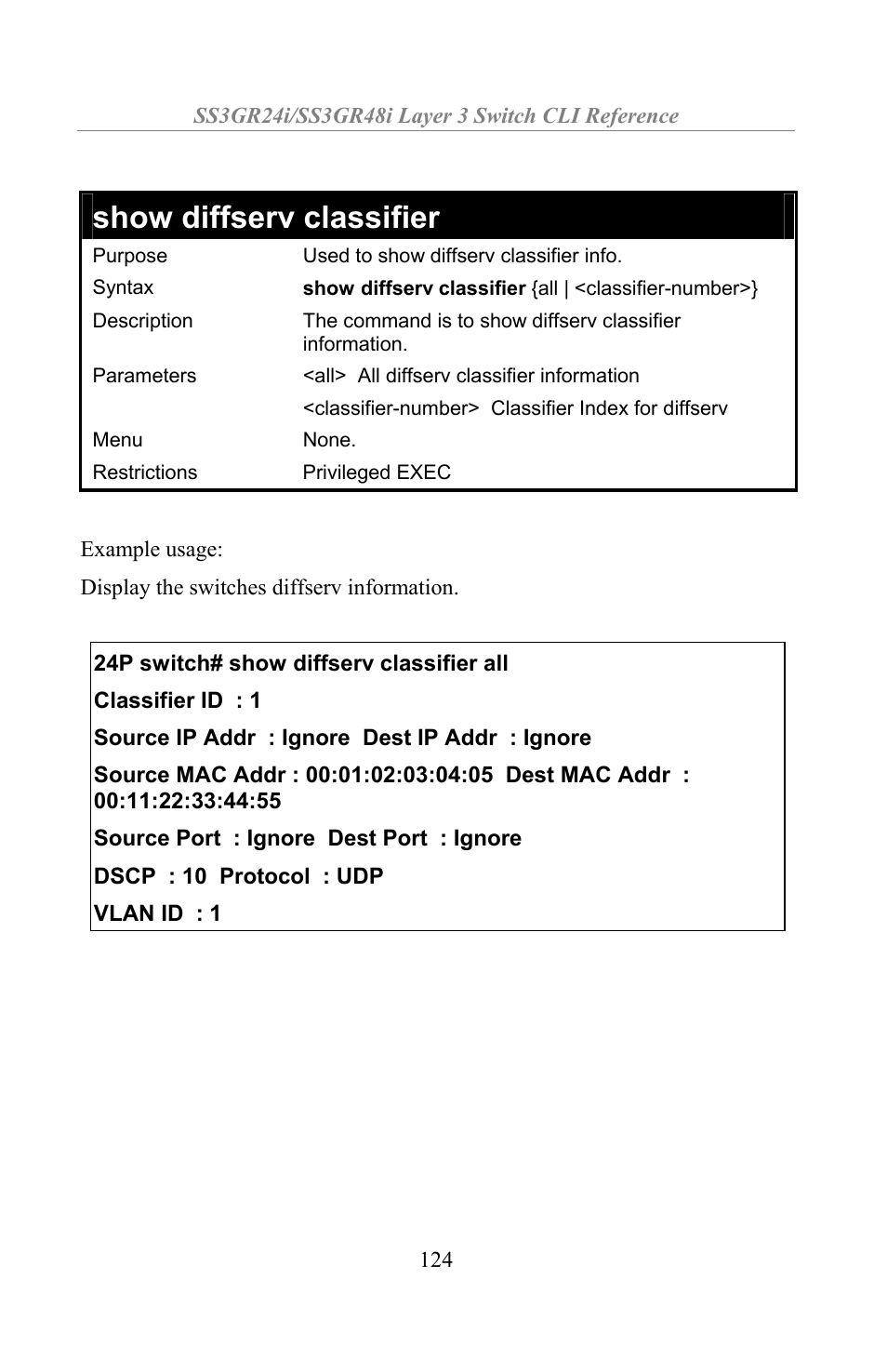Show diffserv classifier | Amer Networks SS3GR24i User Manual | Page 130 / 154
