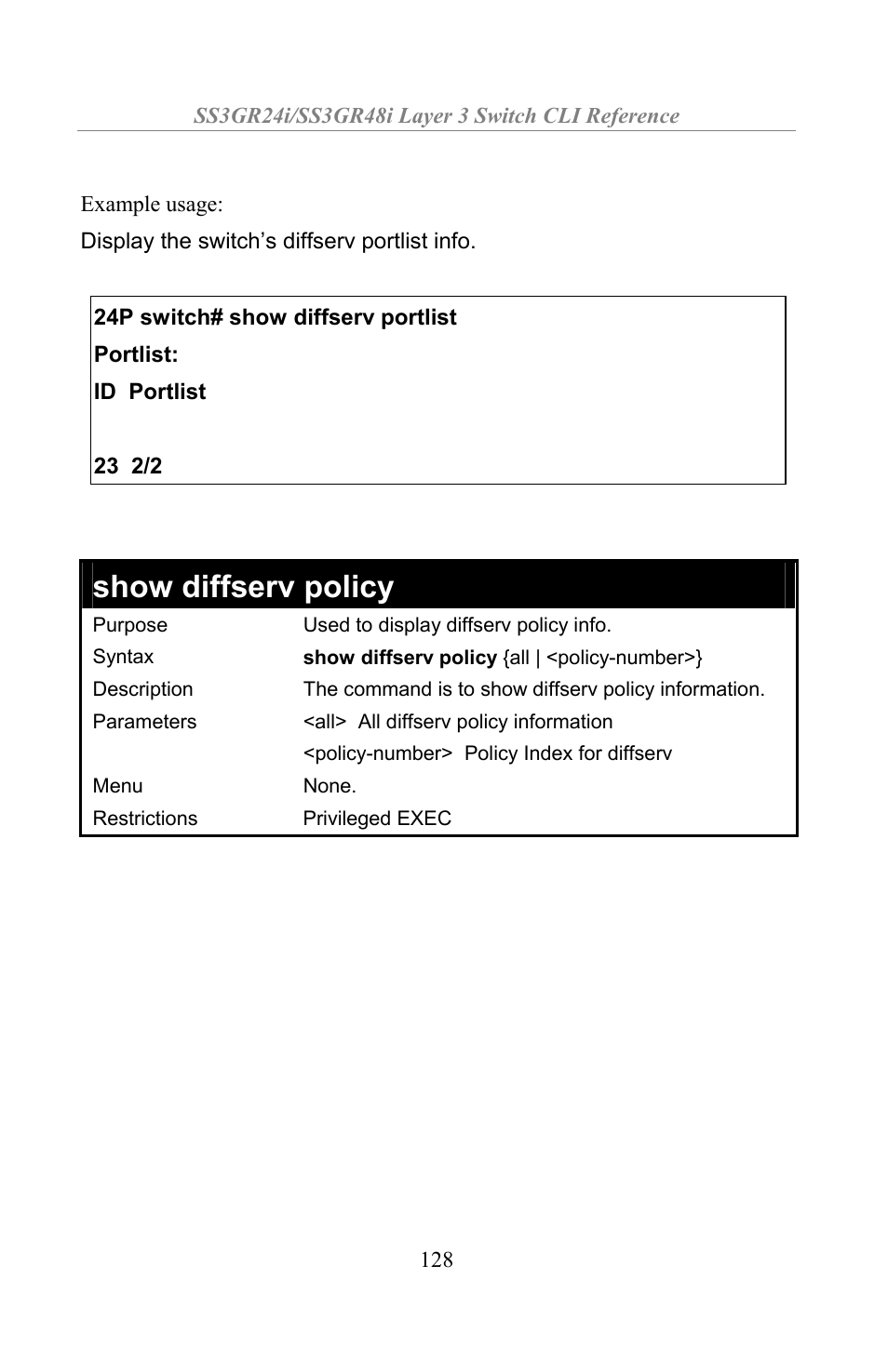 Show diffserv policy | Amer Networks SS3GR24i User Manual | Page 134 / 154