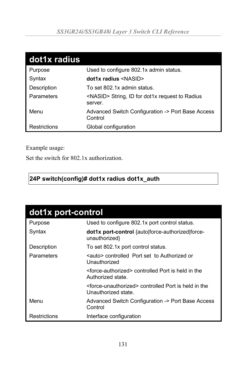 Dot1x radius, Dot1x port-control | Amer Networks SS3GR24i User Manual | Page 137 / 154