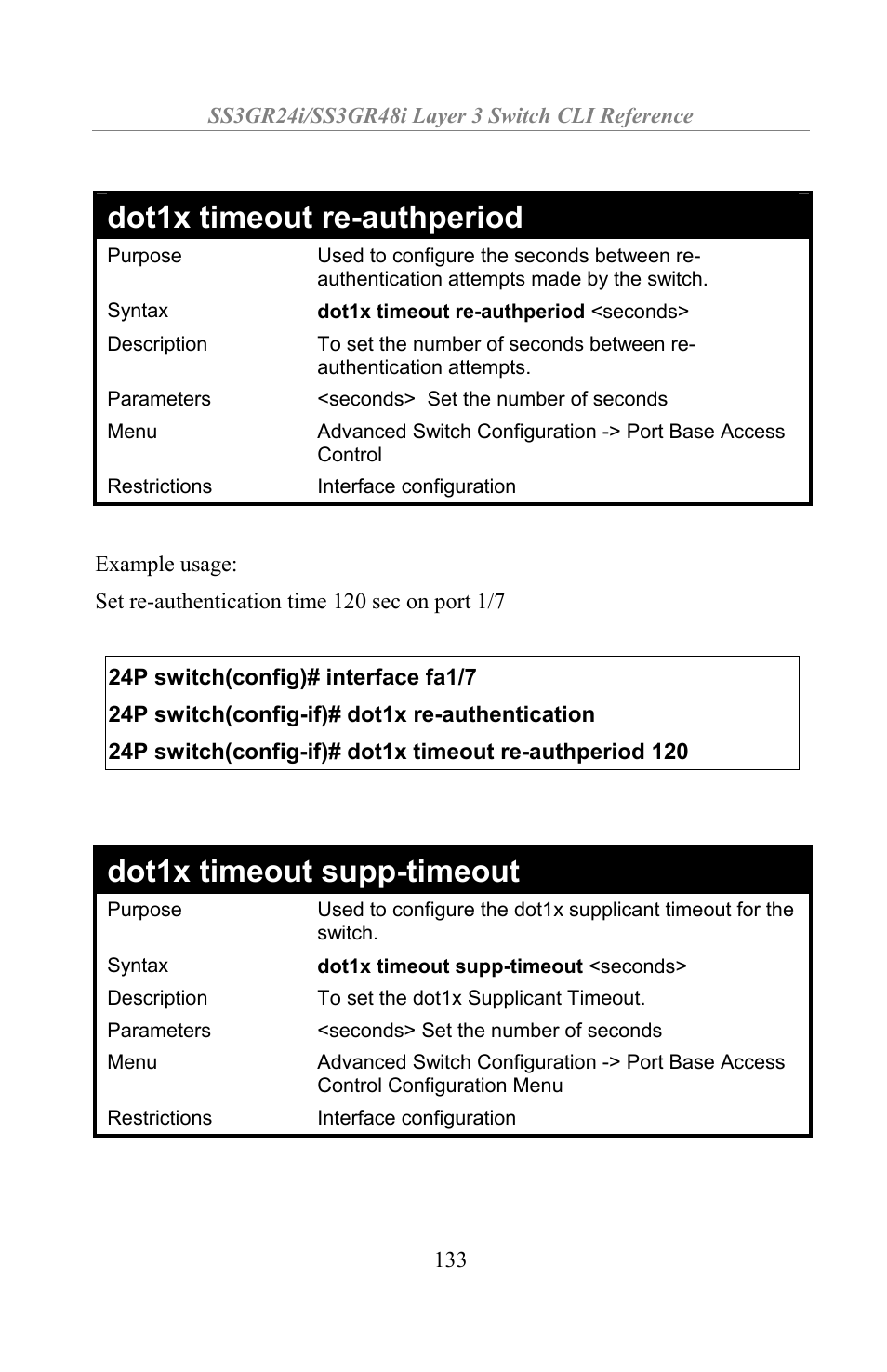 Dot1x timeout re-authperiod, Dot1x timeout supp-timeout | Amer Networks SS3GR24i User Manual | Page 139 / 154