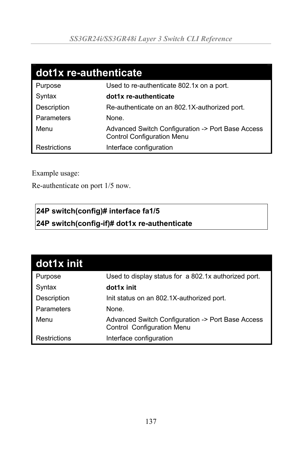 Dot1x re-authenticate, Dot1x init | Amer Networks SS3GR24i User Manual | Page 143 / 154
