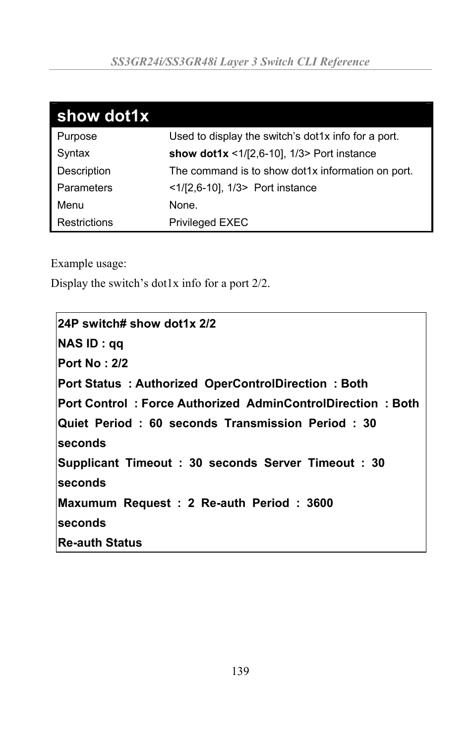 Show dot1x | Amer Networks SS3GR24i User Manual | Page 145 / 154