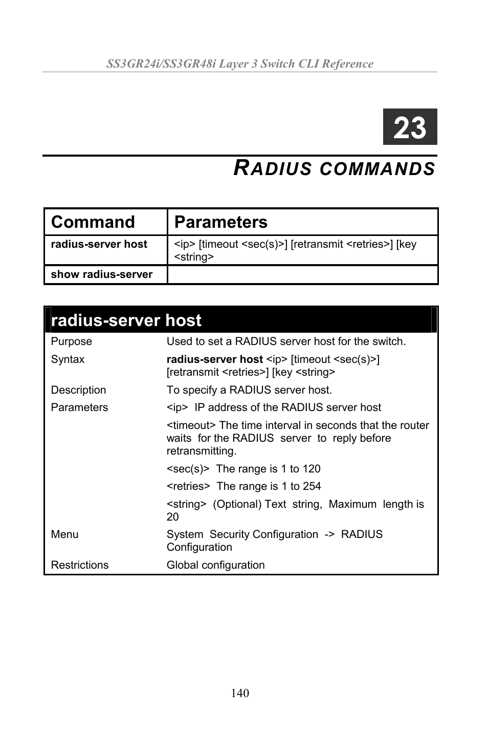 Radius commands, Adius commands, Command parameters | Radius-server host | Amer Networks SS3GR24i User Manual | Page 146 / 154
