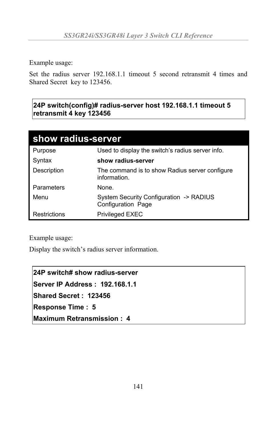 Show radius-server | Amer Networks SS3GR24i User Manual | Page 147 / 154