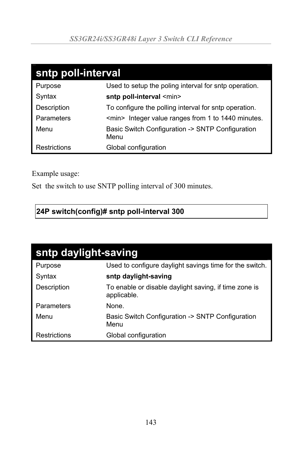 Sntp poll-interval, Sntp daylight-saving | Amer Networks SS3GR24i User Manual | Page 149 / 154