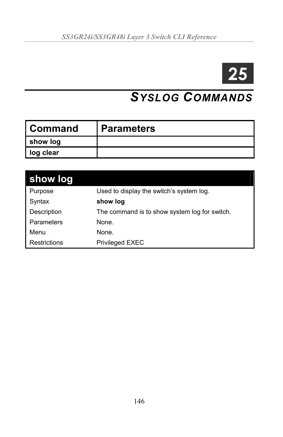 Syslog commands, Yslog, Ommands | Command parameters, Show log | Amer Networks SS3GR24i User Manual | Page 152 / 154