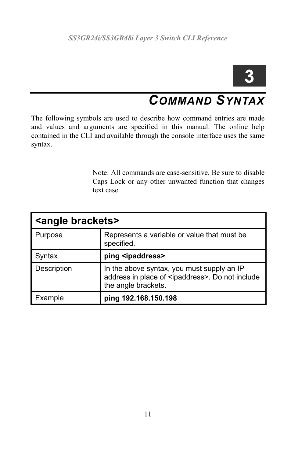 Command syntax, Ommand, Yntax | Angle brackets | Amer Networks SS3GR24i User Manual | Page 17 / 154