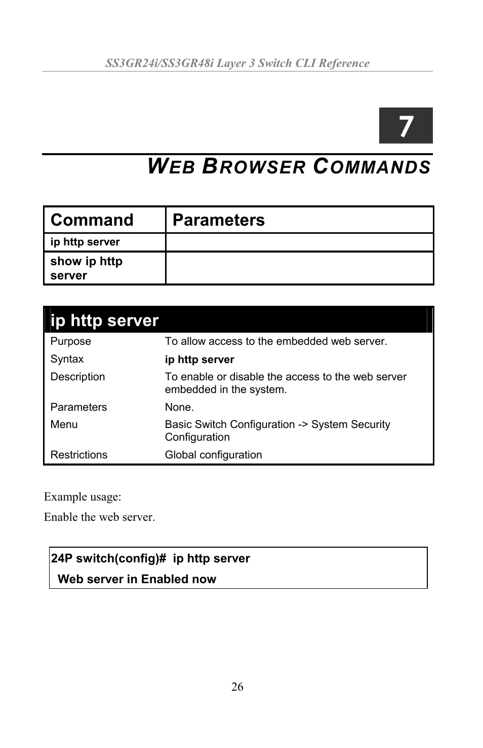 Web browser commands, Rowser, Ommands | Command parameters | Amer Networks SS3GR24i User Manual | Page 32 / 154
