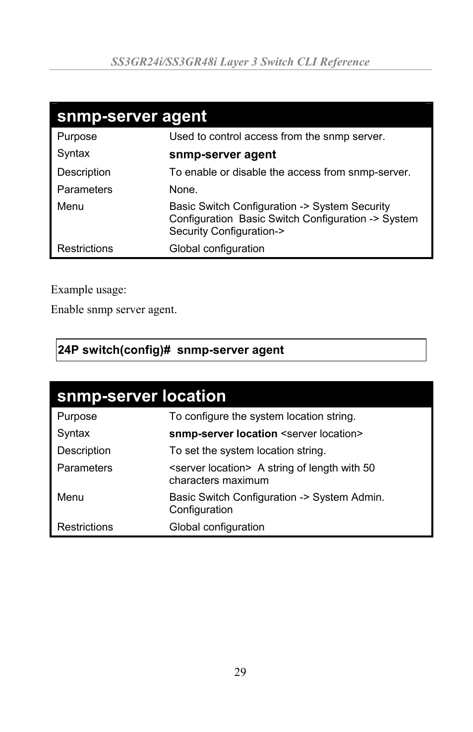 Snmp-server agent, Snmp-server location | Amer Networks SS3GR24i User Manual | Page 35 / 154