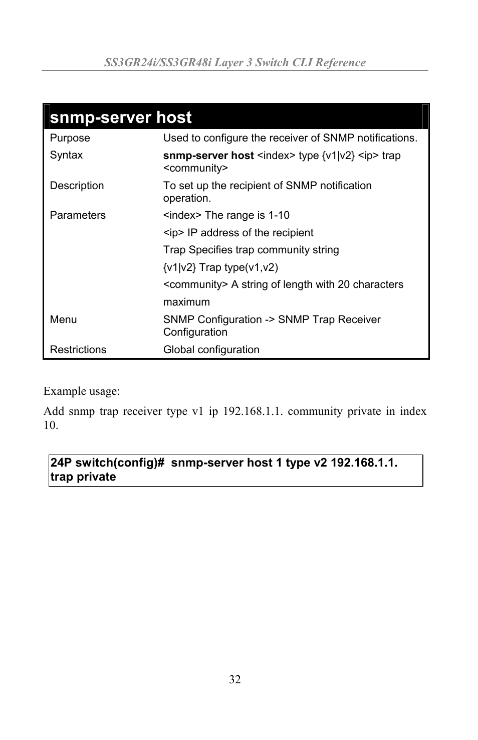 Snmp-server host | Amer Networks SS3GR24i User Manual | Page 38 / 154