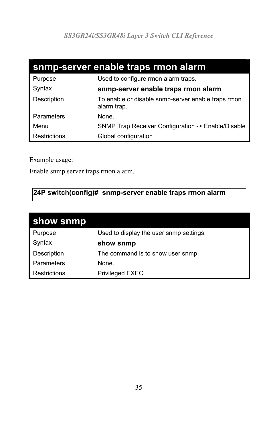 Snmp-server enable traps rmon alarm, Show snmp | Amer Networks SS3GR24i User Manual | Page 41 / 154