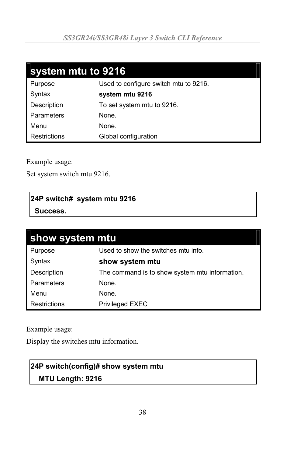 System mtu to 9216, Show system mtu | Amer Networks SS3GR24i User Manual | Page 44 / 154