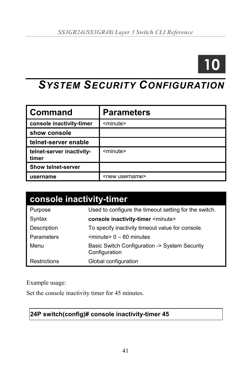 System security configuration, Ystem, Ecurity | Onfiguration, Command parameters, Console inactivity-timer | Amer Networks SS3GR24i User Manual | Page 47 / 154