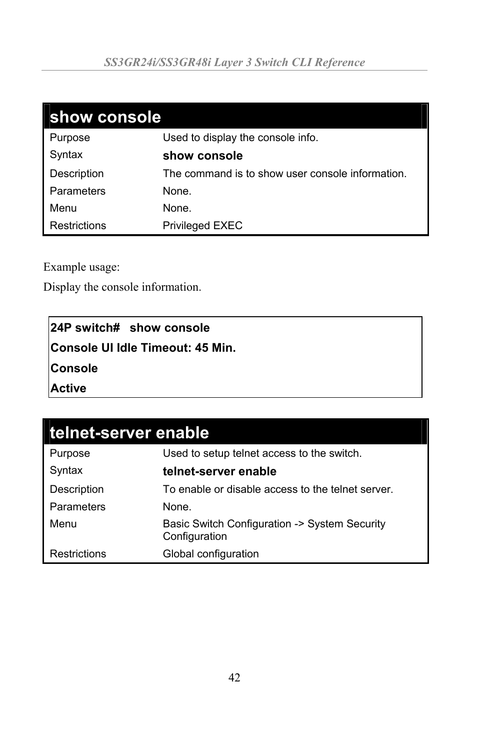 Show console, Telnet-server enable | Amer Networks SS3GR24i User Manual | Page 48 / 154