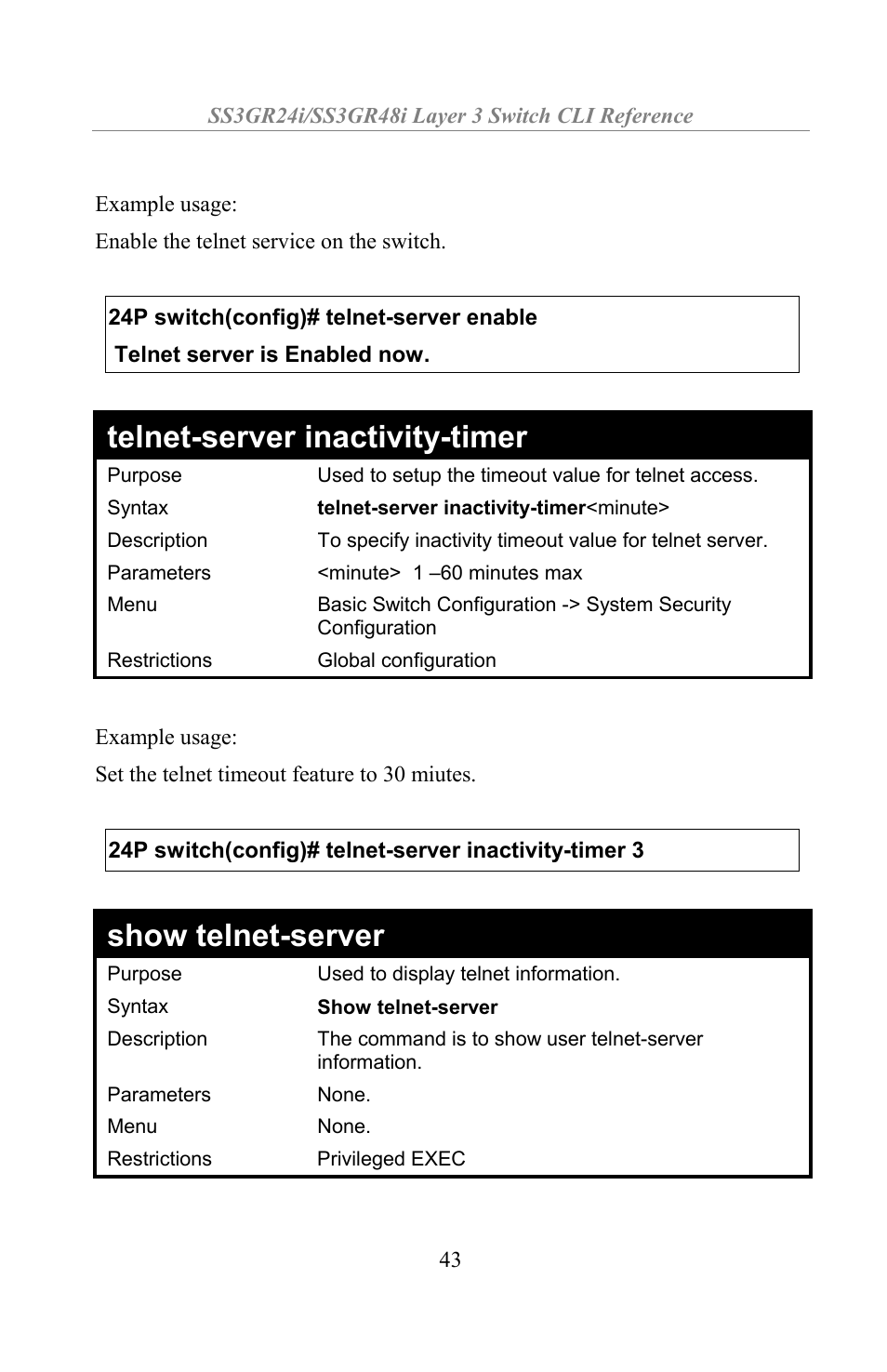 Telnet-server inactivity-timer, Show telnet-server | Amer Networks SS3GR24i User Manual | Page 49 / 154