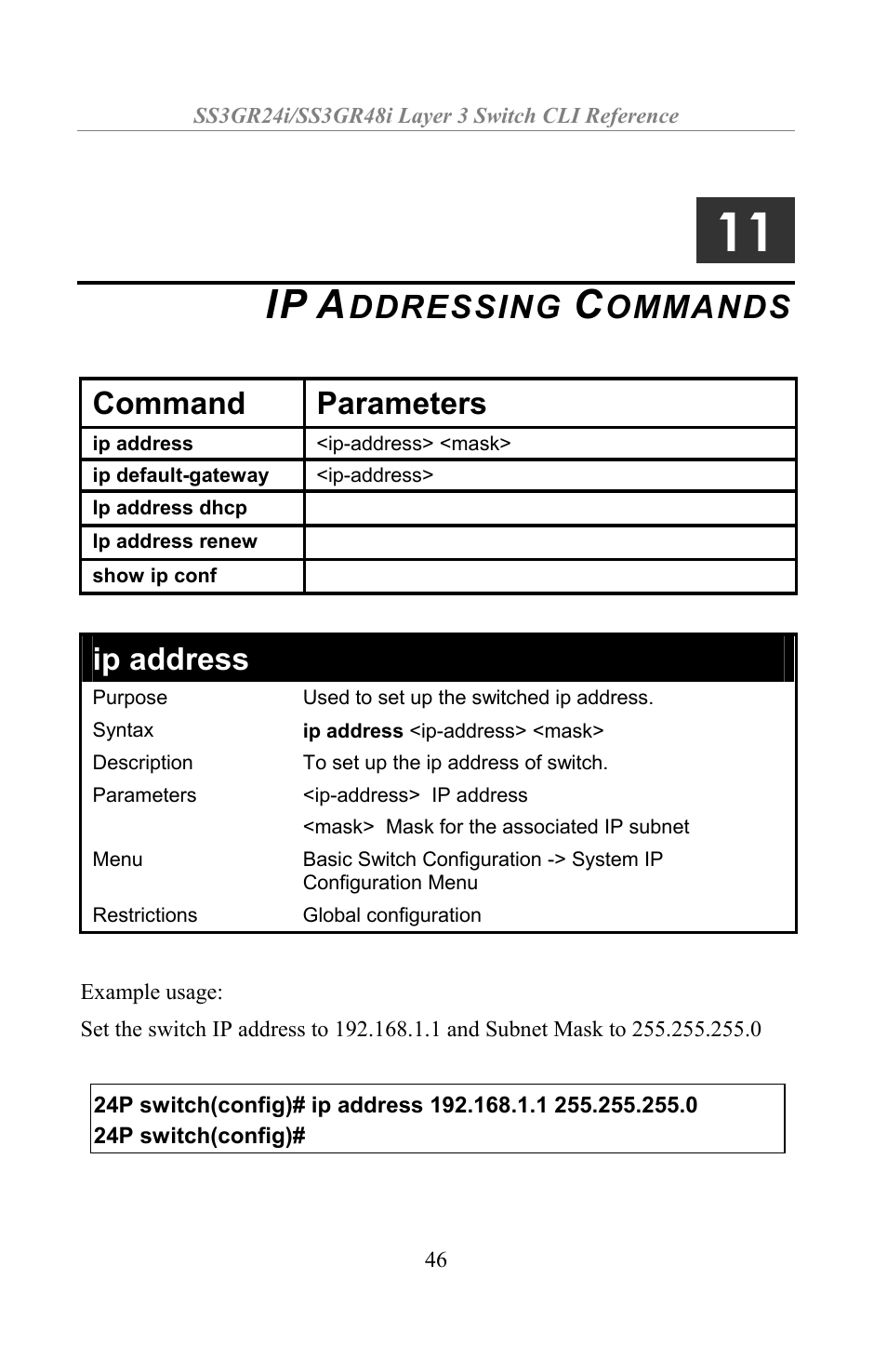 Ip addressing commands, Ddressing, Ommands | Command parameters, Ip address | Amer Networks SS3GR24i User Manual | Page 52 / 154