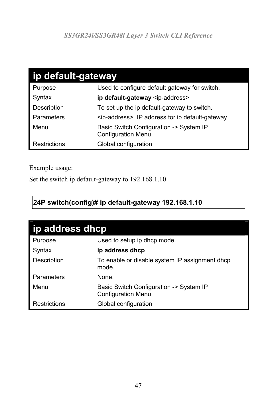 Ip default-gateway, Ip address dhcp | Amer Networks SS3GR24i User Manual | Page 53 / 154