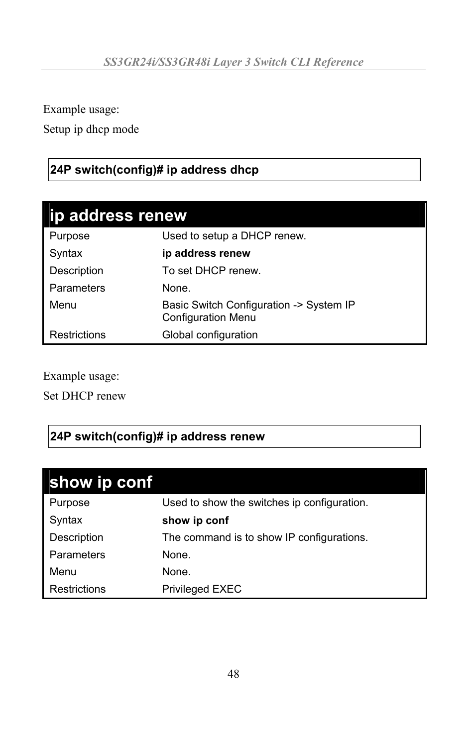 Ip address renew, Show ip conf | Amer Networks SS3GR24i User Manual | Page 54 / 154