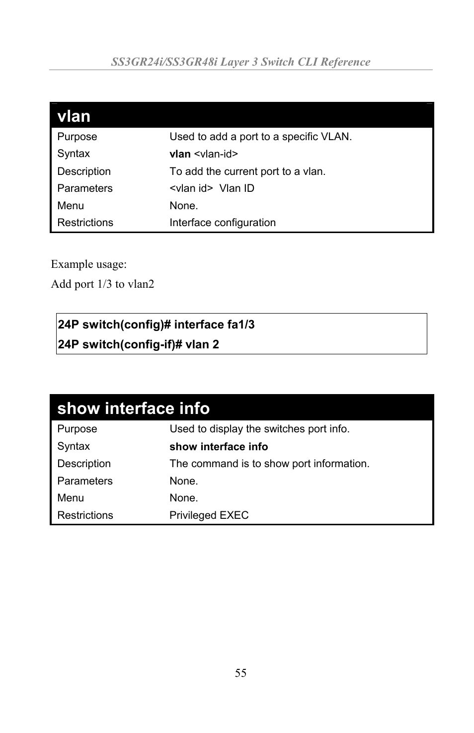 Vlan, Show interface info | Amer Networks SS3GR24i User Manual | Page 61 / 154