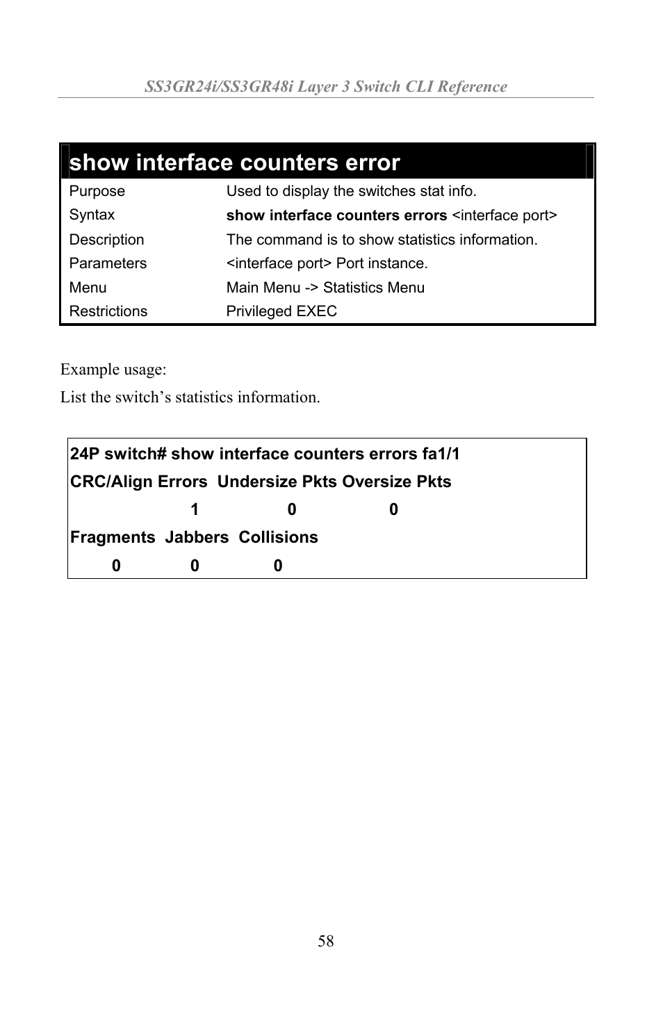 Show interface counters error | Amer Networks SS3GR24i User Manual | Page 64 / 154