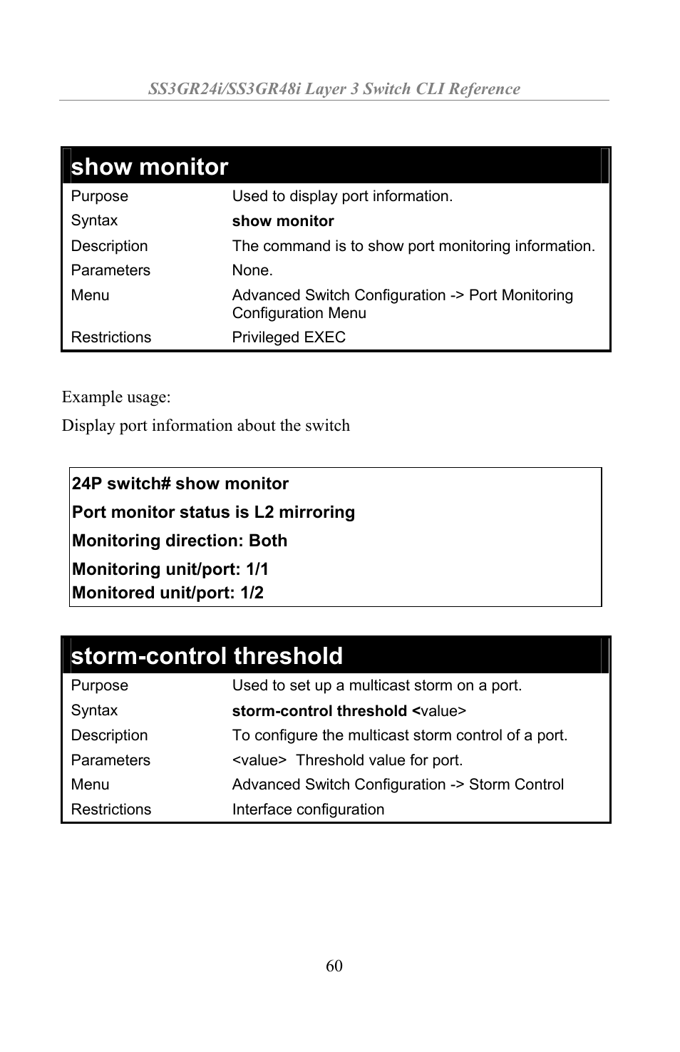 Show monitor, Storm-control threshold | Amer Networks SS3GR24i User Manual | Page 66 / 154