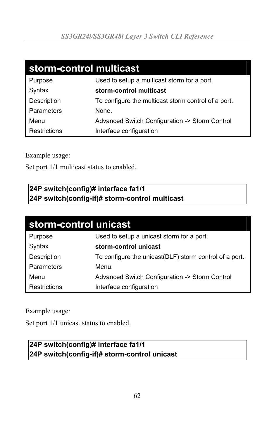 Storm-control multicast, Storm-control unicast | Amer Networks SS3GR24i User Manual | Page 68 / 154