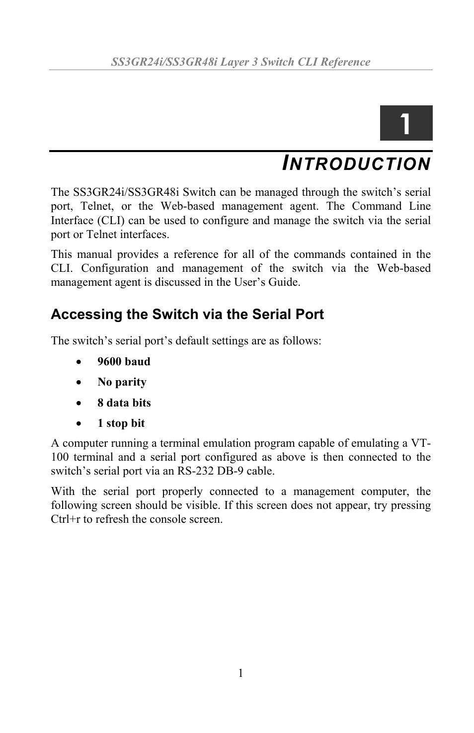 Introduction, Accessing the switch via the serial port, Ntroduction | Amer Networks SS3GR24i User Manual | Page 7 / 154