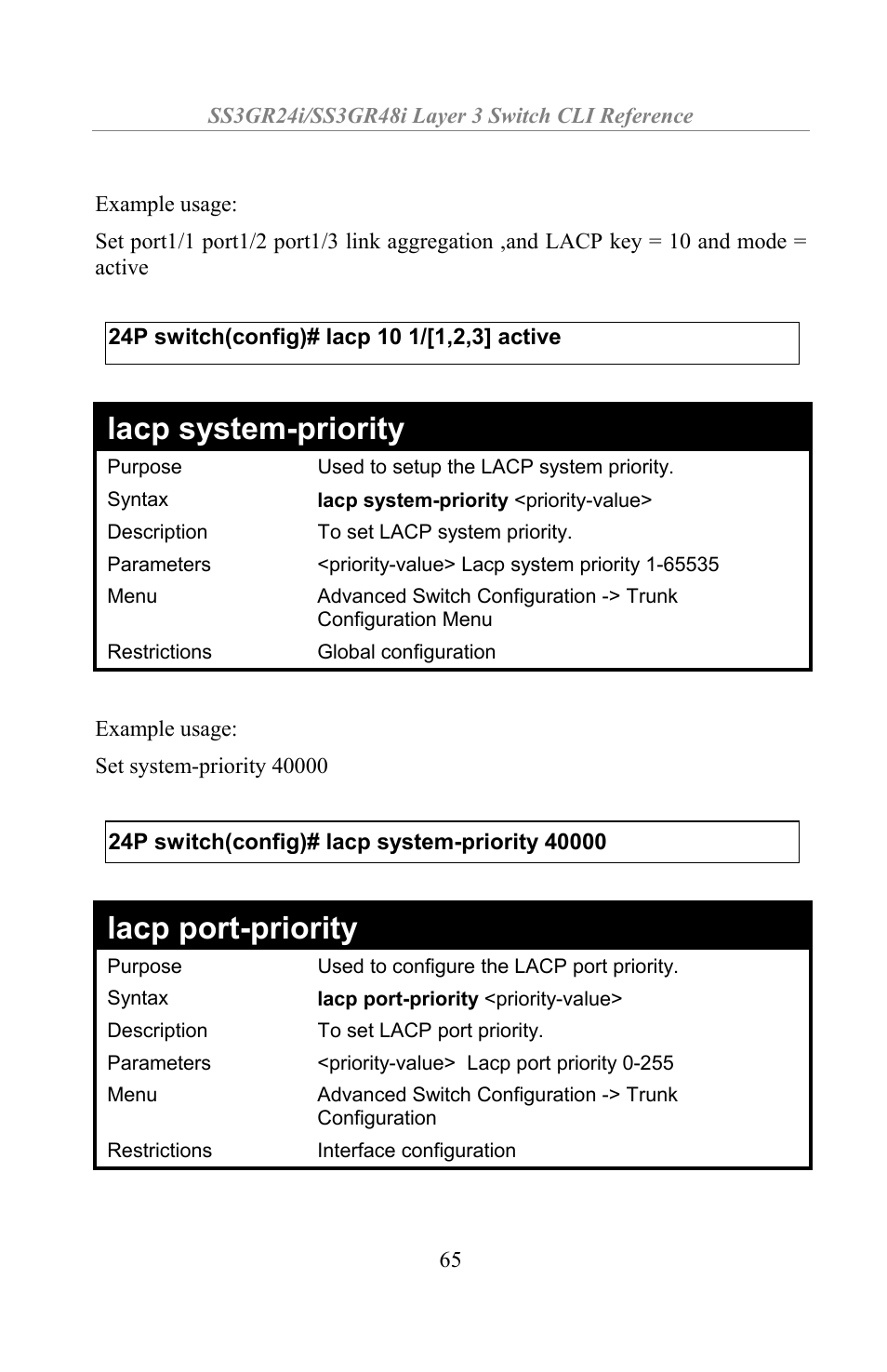 Lacp system-priority, Lacp port-priority | Amer Networks SS3GR24i User Manual | Page 71 / 154