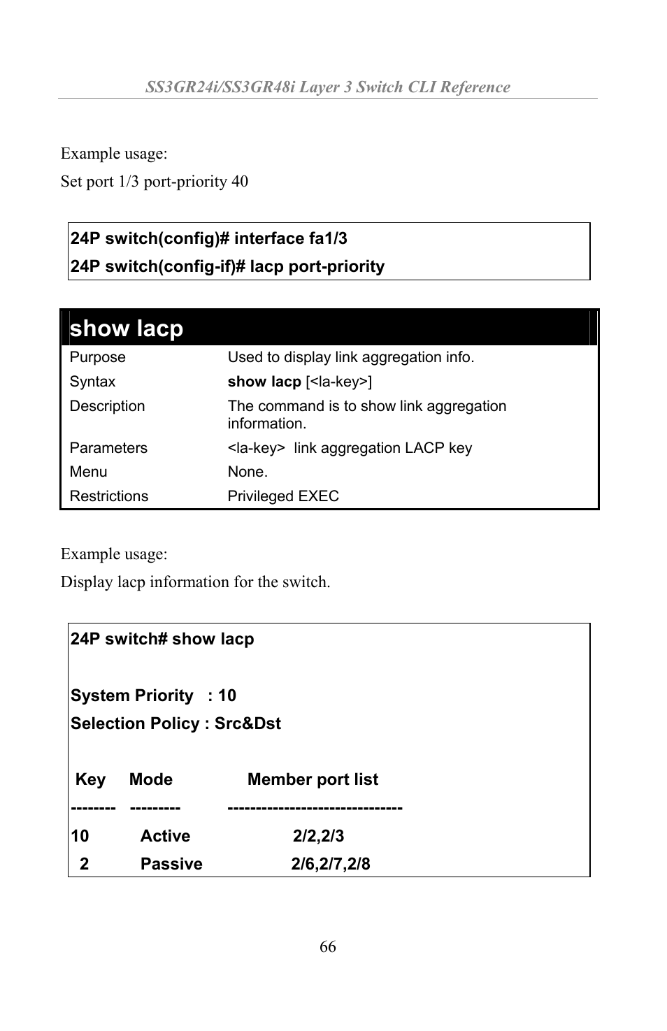 Show lacp | Amer Networks SS3GR24i User Manual | Page 72 / 154