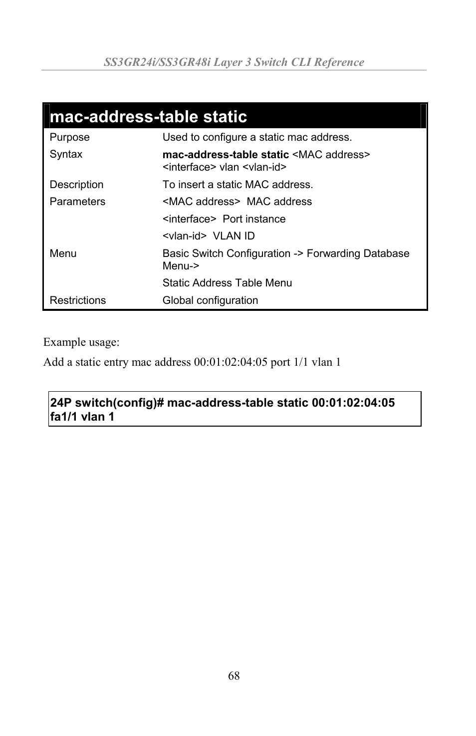 Mac-address-table static | Amer Networks SS3GR24i User Manual | Page 74 / 154