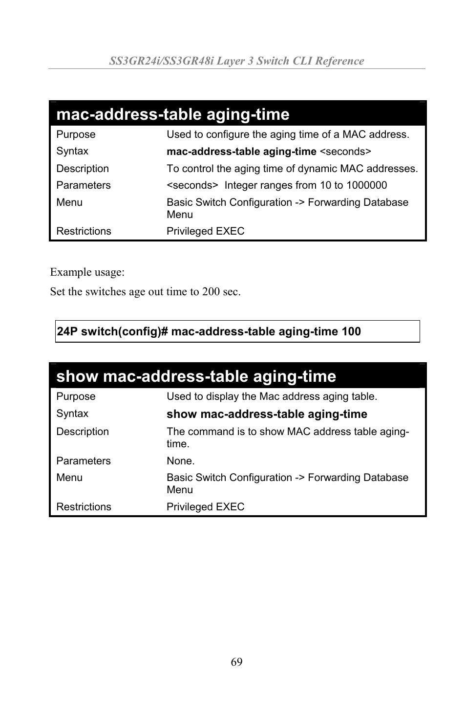 Mac-address-table aging-time, Show mac-address-table aging-time | Amer Networks SS3GR24i User Manual | Page 75 / 154